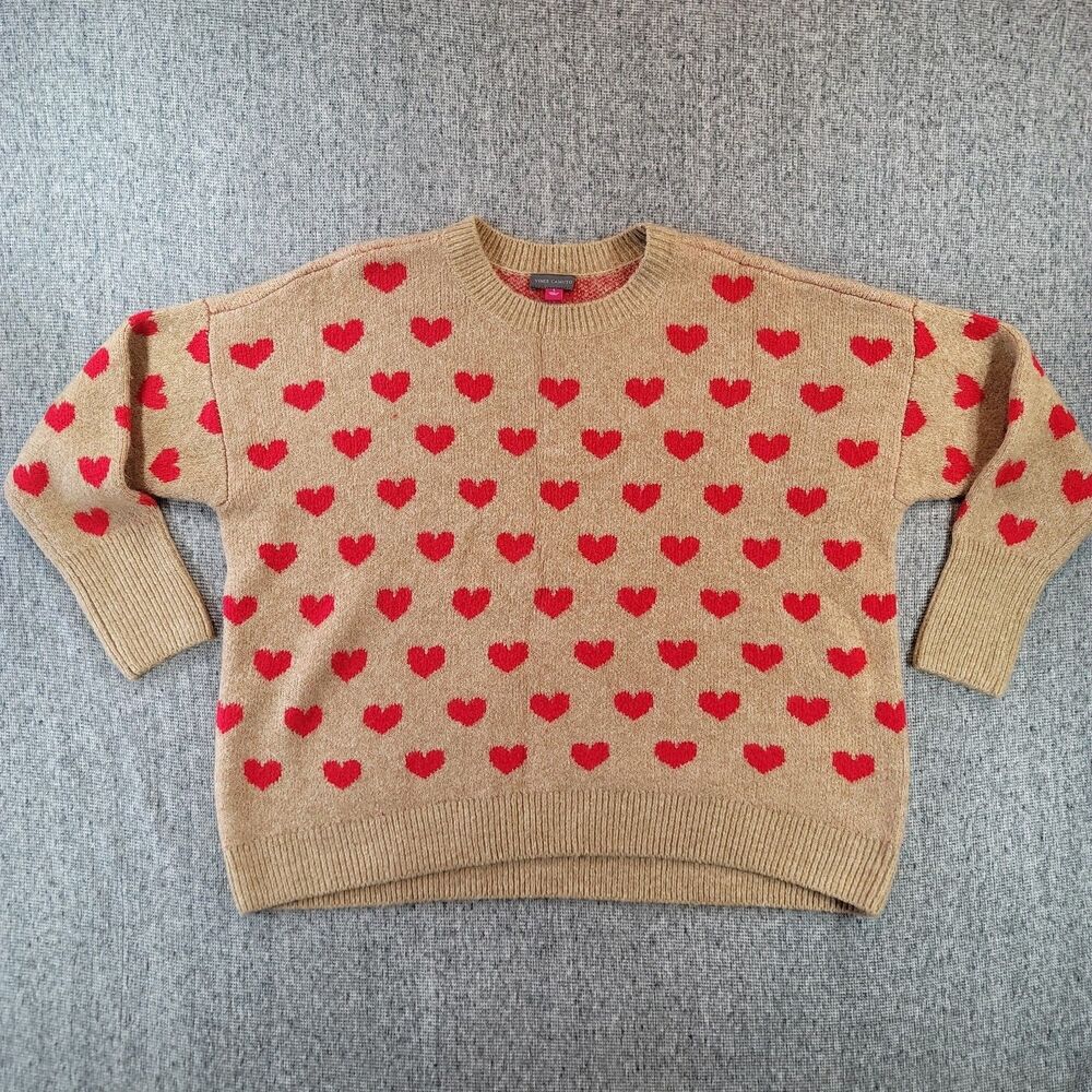 Vince Camuto Women's Heart Sweater Size L Tan Red Crewneck Knit Pullover